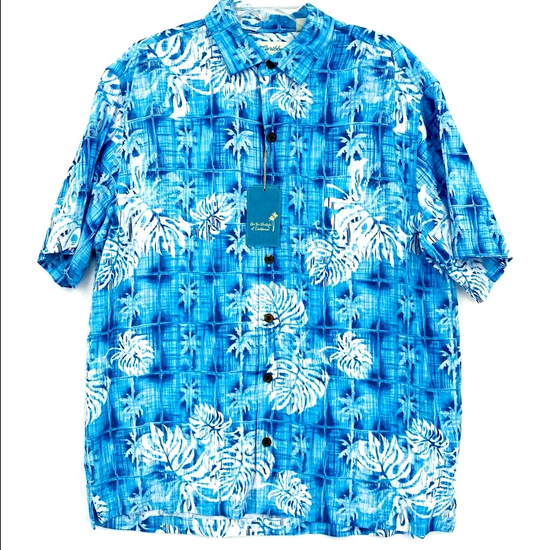 $69 Caribbean Roundtree Yorke MEN’S TROPICAL SHIRT BLUE Palm Tree Floral,XL