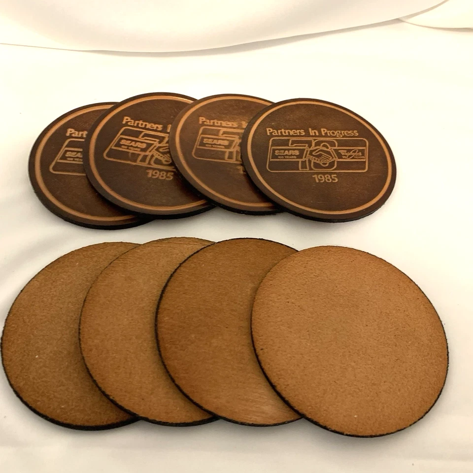 Juego de 8 posavasos de cuero Sears & Whirlpool 75 'Partners In Progress' 1985 de colección Foto 4 de 4