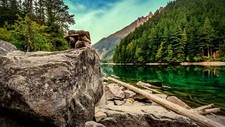 Landscape river forest mountains dead trees Custom Gaming Mat Desk
