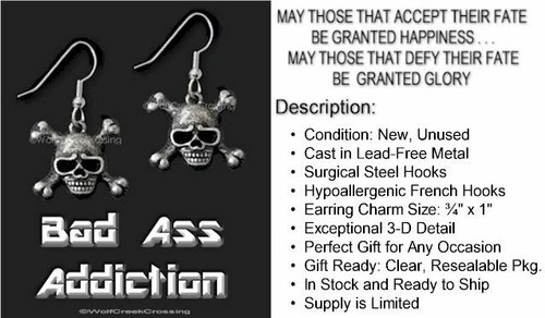 SKULL CROSSBONES EARRINGS - SKELETON GUN METAL EAR GEAR JEWELRY FREE SHIP' - Picture 2 of 10