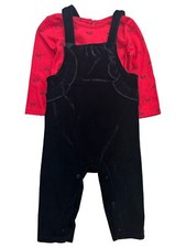 Infant Girls Red Long Sleeve Bodysuit  Velvety Black Overalls Set Outfit