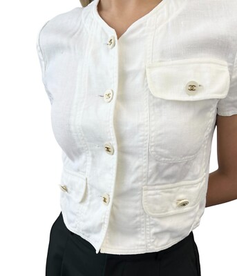 シャネル CCマークベロアシャツCCボタン CHANEL Vintage 97P CC Mark Logo Linen Shirt #36 Short Sleeve