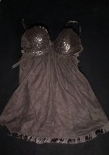 Victoria Secret Lingerie Babydoll 36B Black Sequin Sheer Flyaway Ruffle Push Up