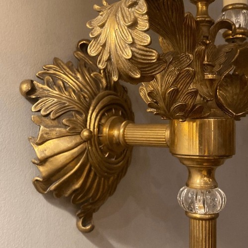 Biedemeier Style Torchiere Two Light Brass Sconce with Shades - Picture 4 of 11