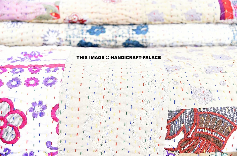 Edredón indio - Edredón vintage antiguo Patola 100 % seda Sari Kantha acolchado retazos Foto 4 de 4