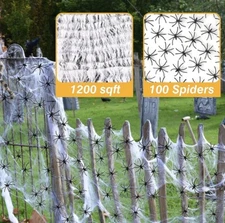 Gomall Halloween Spider Web Decor, 1200 square feet, 100 Fake Black Spiders