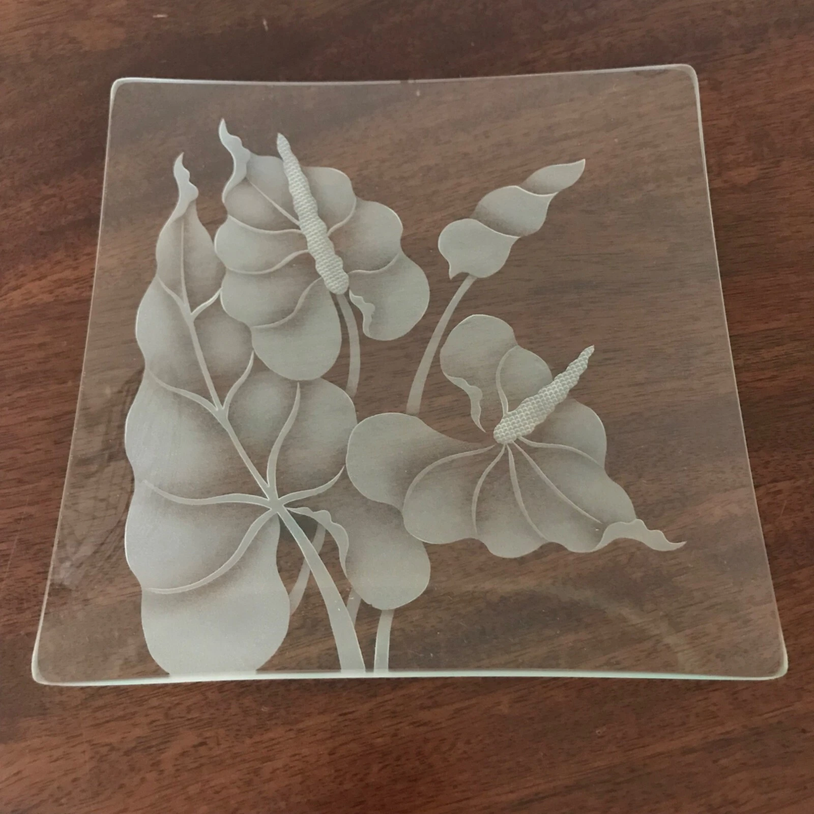 Frank Oda Style Etched Glass Anthurium Square Dish Vintage