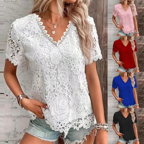 Plus Size Womens Lace Sexy T Shirt Blouse Ladies Summer Short Sleeve Tunic Tops