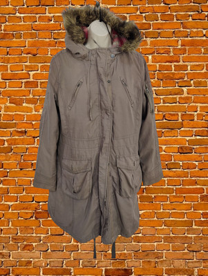 FAT FACE KHAKI MANTEL GRÖßE UK 14 BAUMWOLLE DAMEN 3INI PARKA KUNSTFELL KAPUZENFUTTER