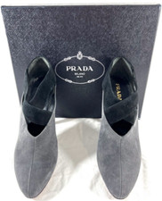 PRADA Calzature Donna Gray Black Suede Boots Booties With Cris Cross 38.5 8.5US