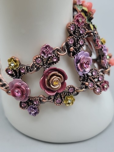 Carved Cameo & Floral Chain Cuff Bracelet Glass Stone & Rhinestone Accent 7"-8" - Picture 13 of 21