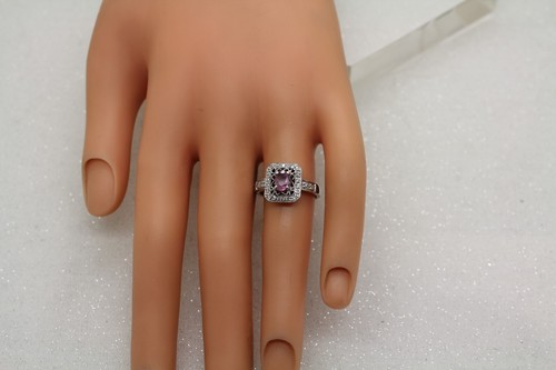 ANILLO HALO DIAMANTES ZAFIRO ROSA CORTE OVALADO ORO BLANCO 14K ASPECTO VINTAGE talla 7 - Imagen 13 de 18