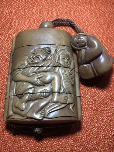 Shunga Nude Women Inro Carving Tsuge Wood Jewelry Box Used - Picture 5 of 6