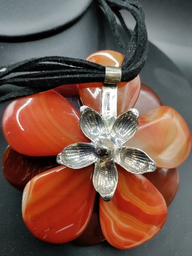Sterling Thailand Carnelian LARGE Layered Flower Pendant Necklace - Picture 3 of 6