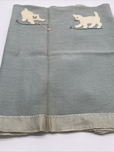 Vintage Blue Green Hand Embroidered felt Baby Blanket With Two Cats Playing - Picture 6 of 16