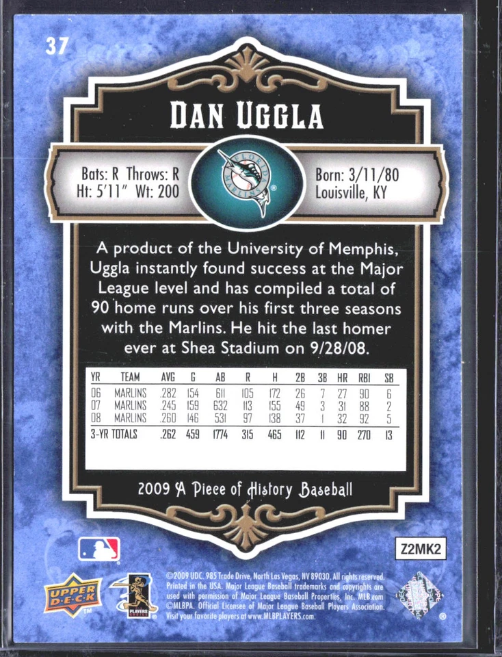 Dan Uggla 2009 Upper Deck A Piece of History Blue SN #/299 - Image 2 of 2