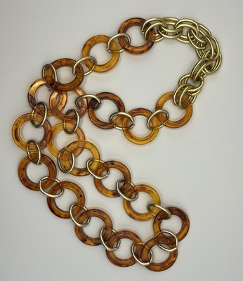 Vintage Faux Tortoise Lucite Link Rings Gold Tone Long 36  Necklace