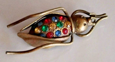 Antique Victorian Cricket/Insect Brass-C Clasp Brooch - Multi-colored stones