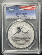 PCGS MS70 2016-P Tuvalu Pearl Harbor 75th Anniversary 1 oz .999 Silver Coin