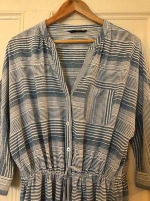 george asda - blue/white stripe dress -button through-linen mix 16 | eBay UK