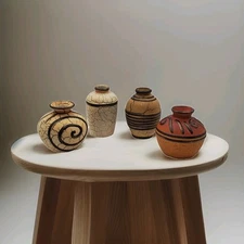 VTG MINIATURE Handmade Pottery Folk Art Set Strips Matte Glaze Mini Vases 3" H