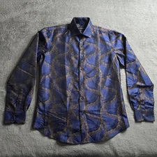 Barry.Wang Dress Shirt Mens Medium Blue Paisley Silk Long Sleeve Luxury