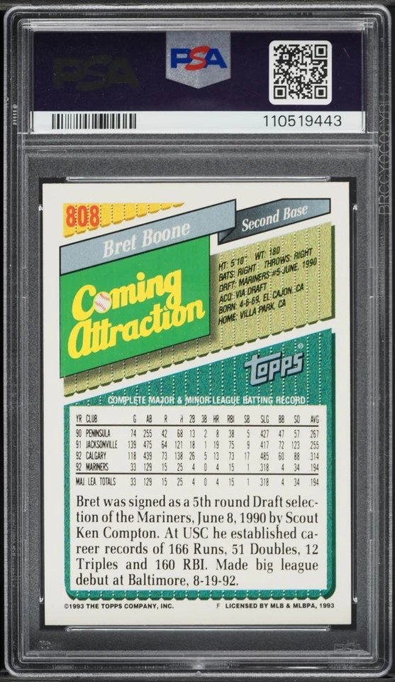 1993 TOPPS FLAGSHIP #808 BRET BOONE MARINERS ROOKIE GRADED PSA 10 GEM MINT POP 2 - Image 2 of 2