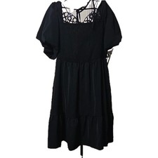 SHEIN 2XL Black Smocked Puff Sleeve Square Neck Midi A-Line Dress