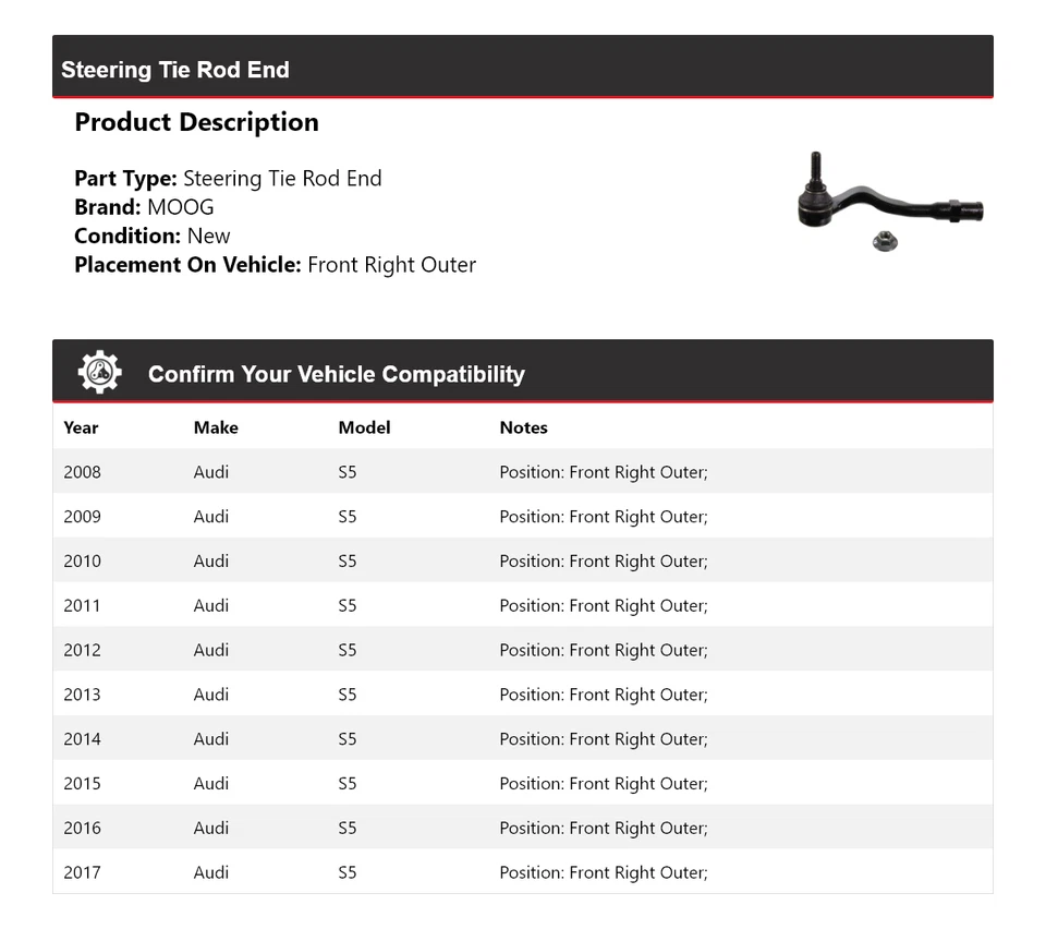 Extremo de barra de dirección delantero derecho exterior MOOG 2008 2009 2010 para Audi S5 2008-2017 Foto 2 de 4