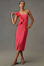 ANTHROPOLOGIE ONE SHOULDER RUFFLE LINEN SLIM COLUMN MIDI DRESS GERANIUM PINK S