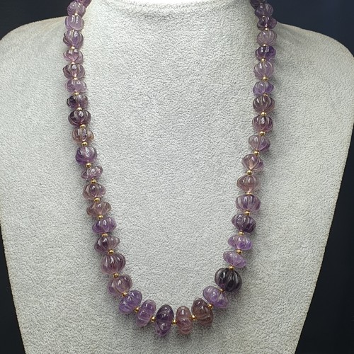 Vintage Carved Melon Shape Purple Ameythst Beaded Necklace 20 inches Long - 第 15/20 張圖片