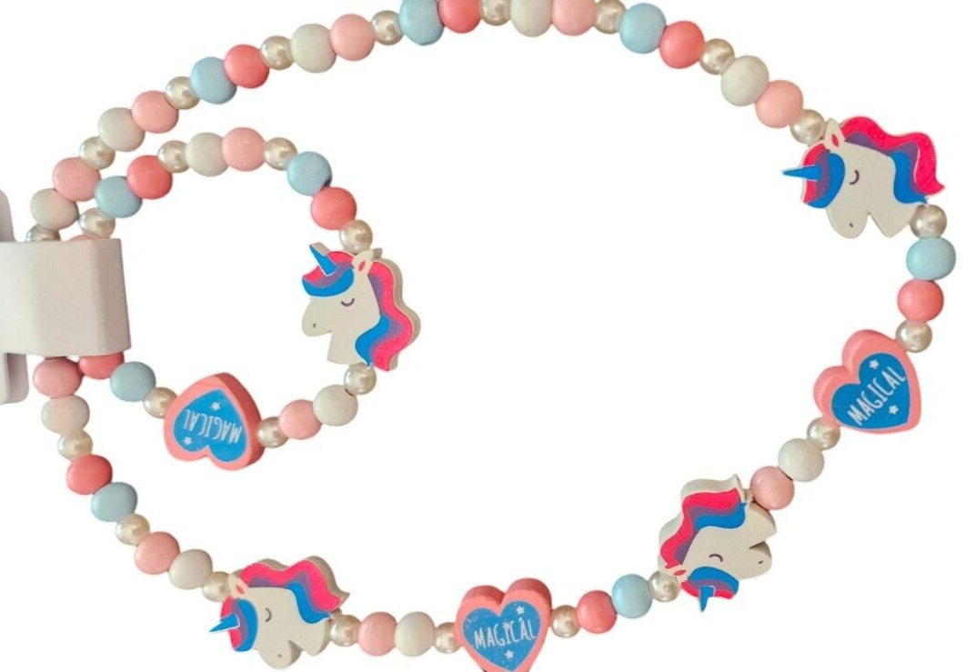 NEW Childrens Unicorn Heart Wooden Bead Pearl Bracelet Necklace Jewellery Set