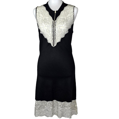 Sandro Paris Black Knit Bodycon Dress Size 3 US 8 Lace Panel Accents Front Zip