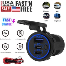 12-24V USB C 3 Port Fast Car Charger PD & QC3.0 Outlet Socket for Boat RV Marine