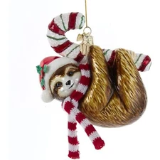 Kurt Adler Noble Gems Glass Ornament for Christmas Tree, Sloth with Candy Cane