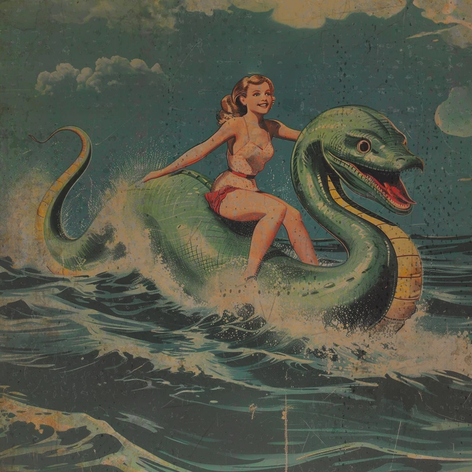 Vintage LOCH NESS MONSTER Wall Art, Nessie Pinup Girl Nautical Cryptid Decor - Image 2 of 4