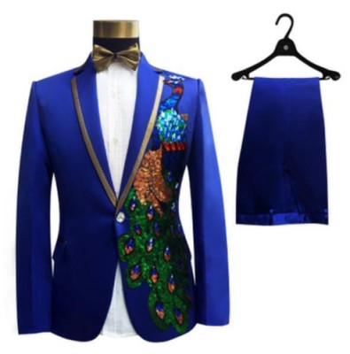 Men's Sequins Peacock  2PIC Suit Blazer Coat&Pant Formal Show Outwear Fashion 