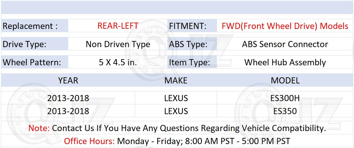[REAR-LEFT(Qty.1)] Wheel Hub Assembly For 2013-2018 Lexus ES300H 2.5L FWD-Model