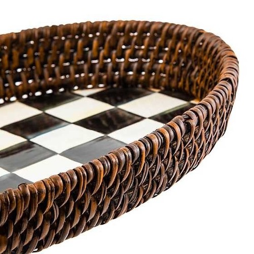 Brand New Mackenzie Childs Courtly Check Rattan & Enamel Small Serving Tray - Picture 2 of 2