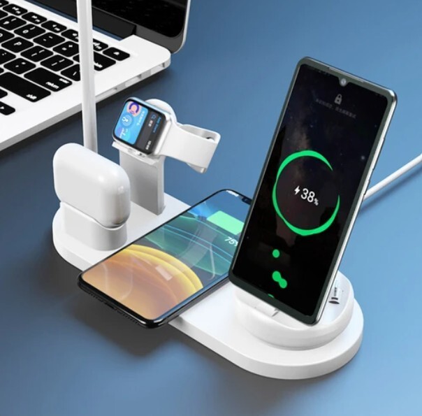 STAZIONE DI RICARICA 4 IN 1 WIRELESS QI SMARTPHONE AURICOLARI SMARTWATCH USB foto 2
