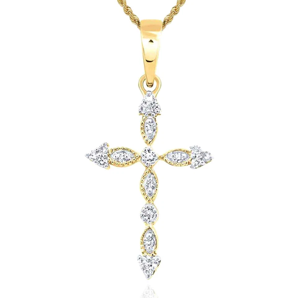 Colgante Cruz Milgrain Rosa Amarillo Blanco Oro 10K Diamante Natural 0,08CTW Foto 4 de 4