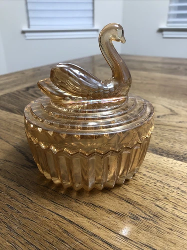 Jeanette Marigold Iridescent Swan Powder Trinket Covered Box Dish Vintage