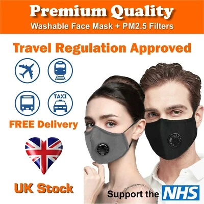 Face Mask Washable Reusable Cotton Fabric with Respirator & x2 PM 2.5 Filters