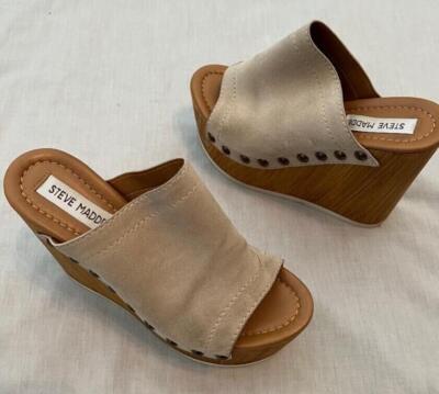 STEVE MADDEN womens beige neutral suede Jemmma platform wedge slides wood 