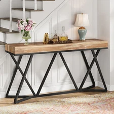 55" Wood Accent Console Table Farmhouse Entryway Hallway Table with Metal Frame