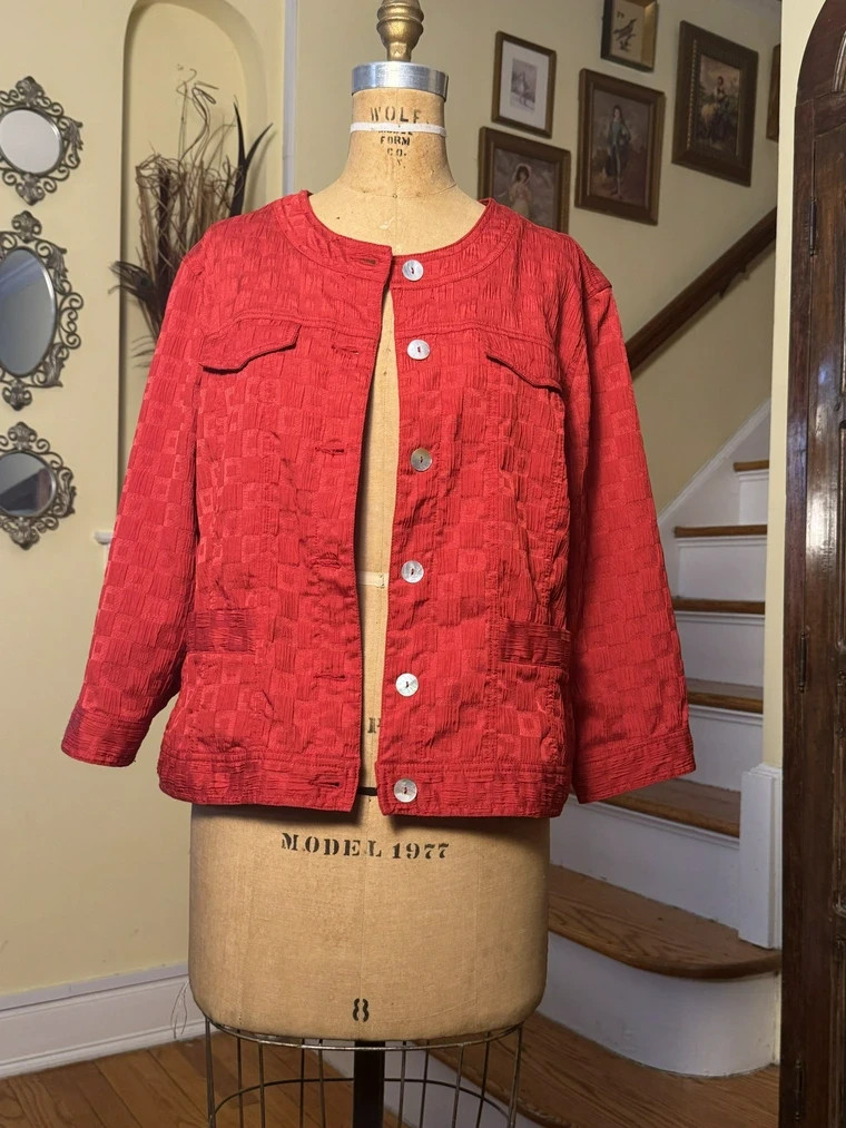 Ruby Rd. Bright Red Textured Jacket – Checkered S… - image 1