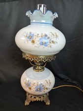 21  Tall Hurricane Lamp Milk Glass Blue Flowe...