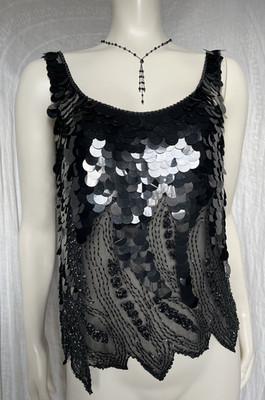Vintage Silk Beaded Top Black Glam 80s Party 70s Disco Goth Evening Gatsby Med