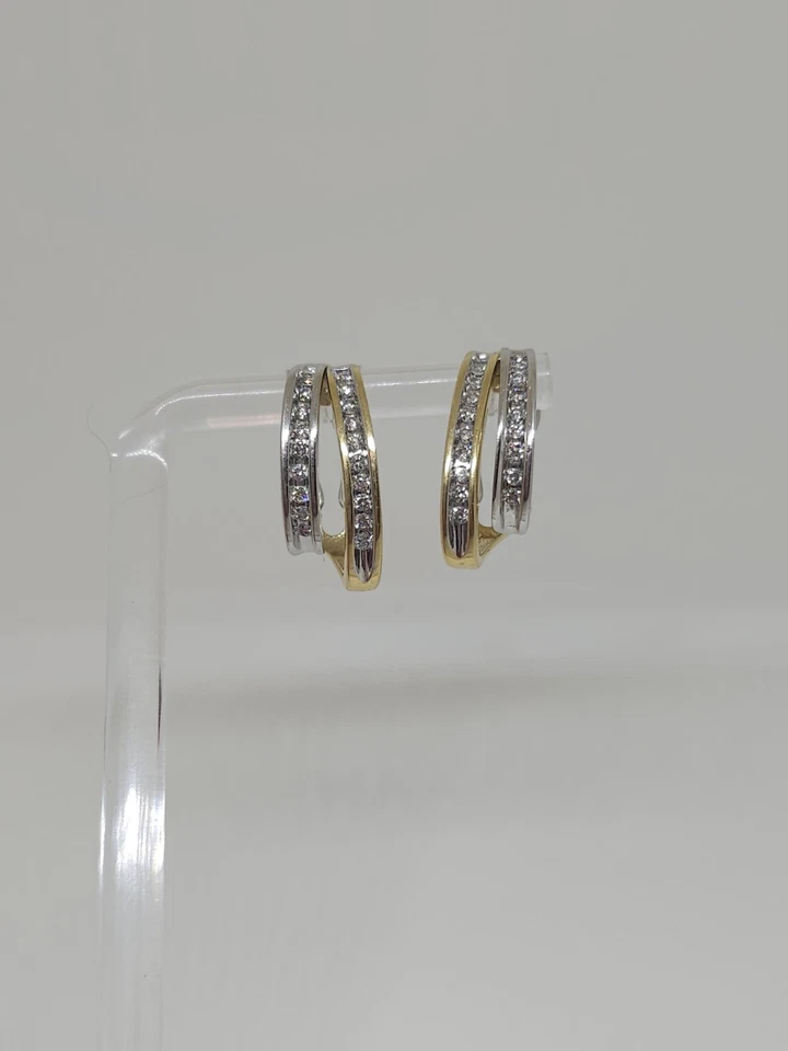 14k Gold Two-Tone Double Hoop Earrings .50 Carats Channel Set Diamond Omega Back - Image 4 of 4
