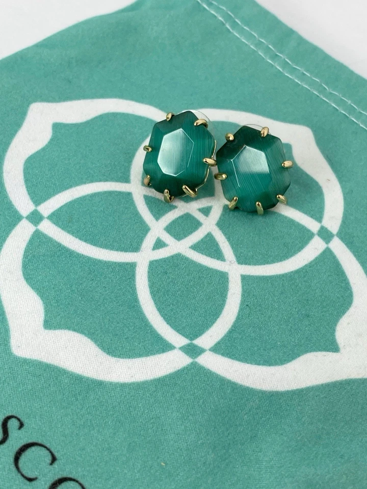 Kendra Scott Morgan Stud Earrings Emerald Green Cat Eye with Gold Frames Retired - Image 2 of 4